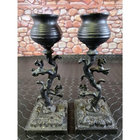 Two Ornate Squirrels on a Tree Black Cast Iron Candle Holder 8in Tall - Picture 2 of 12